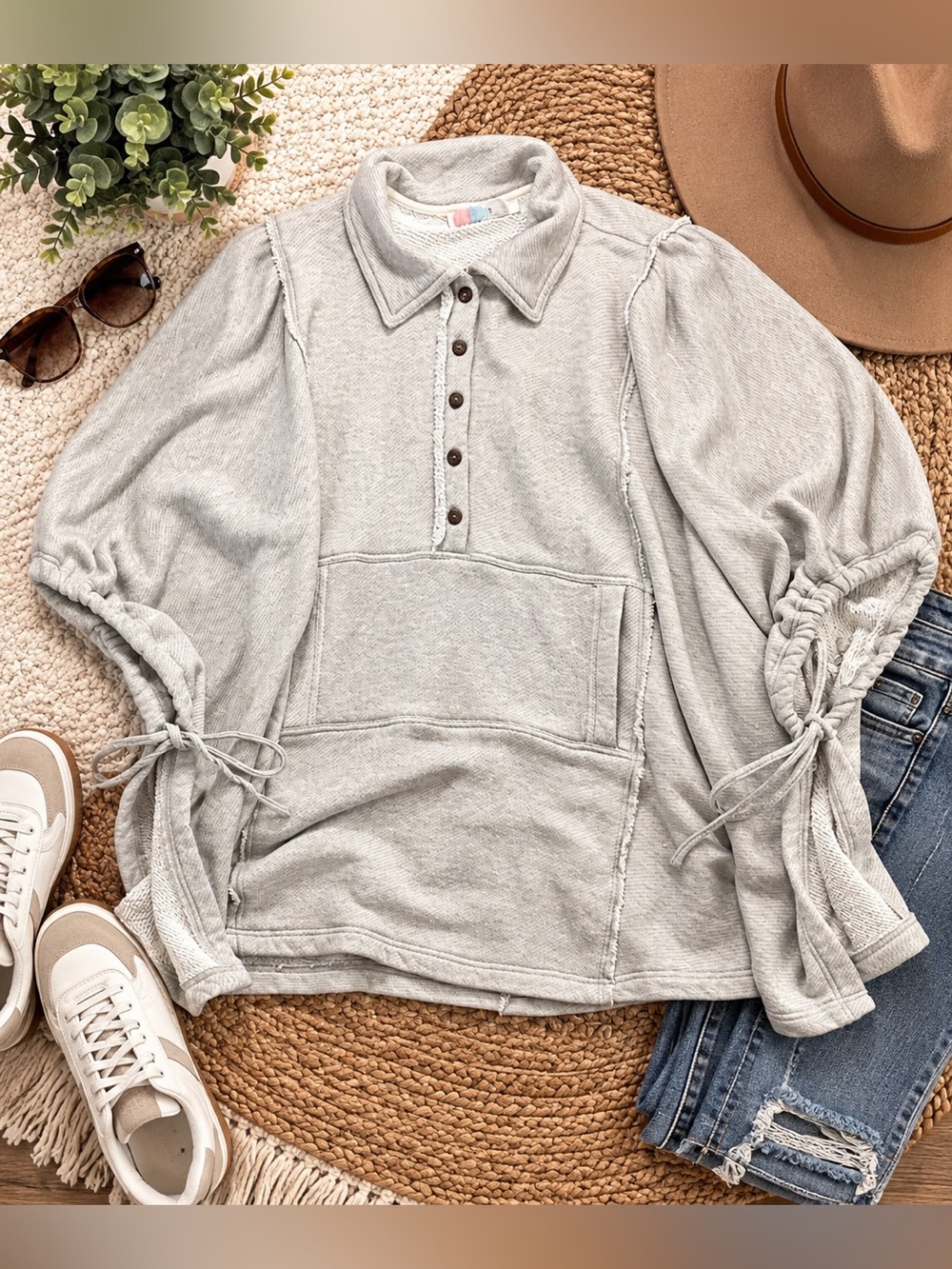 Free People M/L Gray Oversized Henley Pullover Swim Cover Up Tunic